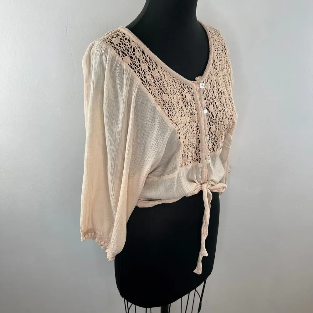 FREE PEOPLE Beige Crochet Lace Button-Up Long Sleeve Blouse Tie Hem Boho Sheer M